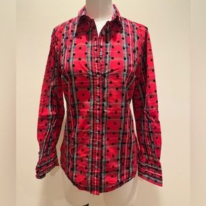 Jcrew red Stewart tartan button down with velvet dot detail